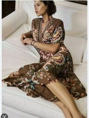 FARM Rio Valentina Brown Floral Maxi Dress with Pink and Blue Accents